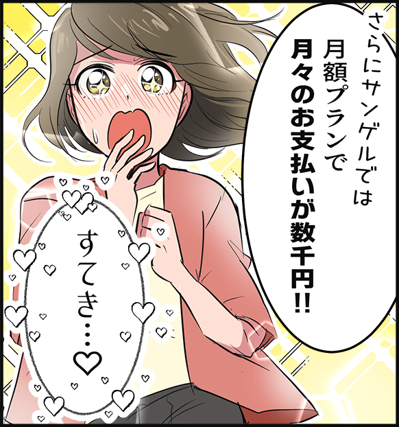 「さらにサンゲルでは月額プランで月々のお支払いが数千円！」「すてき・・・」